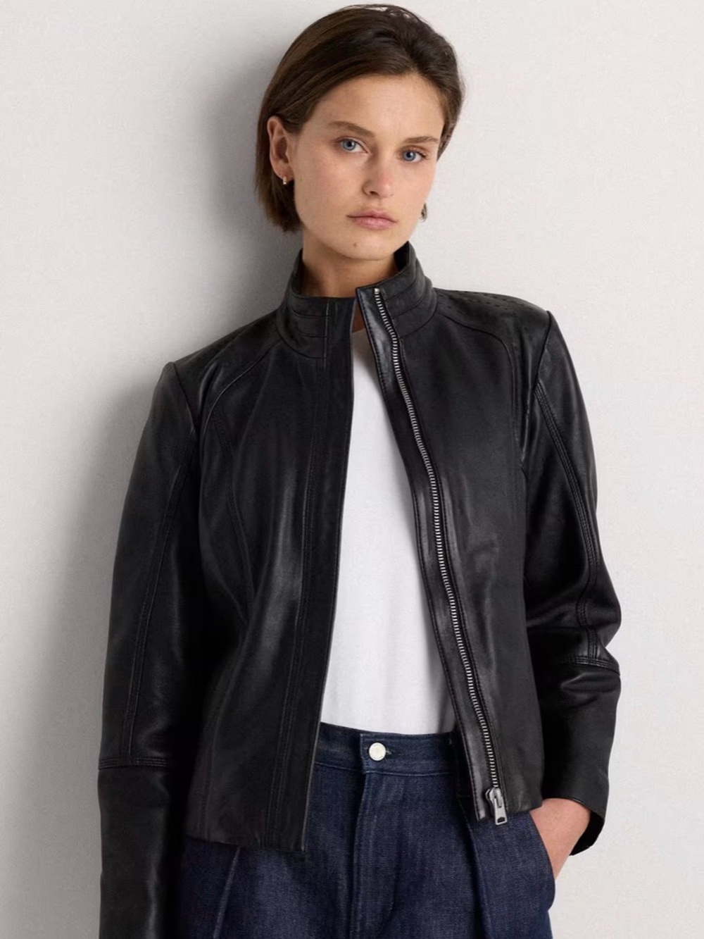 Quince Black Leather Jacket with Stand Collar